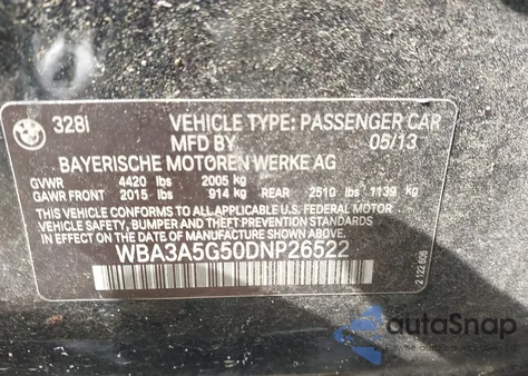 2013 BMW 328 z USA, uszkodzony, nr VIN WBA3A5G50DNP26522